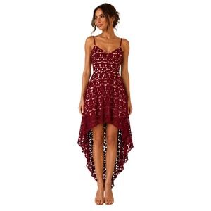 White Fox Boutique High Low Lace Dress in Burgundy Red Medium
